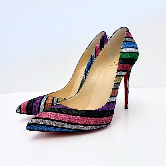 Christian Louboutin Pigalle Follies 100 Striped Glitter Pumps Rainbow Multicolor - Picture 13 of 14